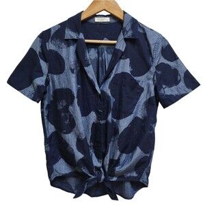 Equipment Top Women S Blue Rustic Heart Button V NecK Short Slv Pocket Tie Waist